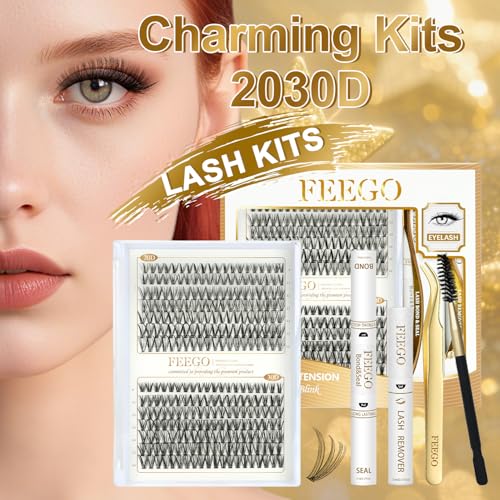 FEEGO Eyelash Extensions Kit Lash Clusters DIY Lash 280pcs 9-16mm Individual Lashes Clusters 20D 30D D Curl Eyelash Extension Kit Individual Lashes, Lash Bond, Seal Glue, Remover (2030D Charming Kit)