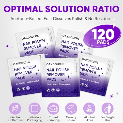 Acetone Nail Polish Remover Pads - 120 Pack Individually Wrapped Travel Wipes