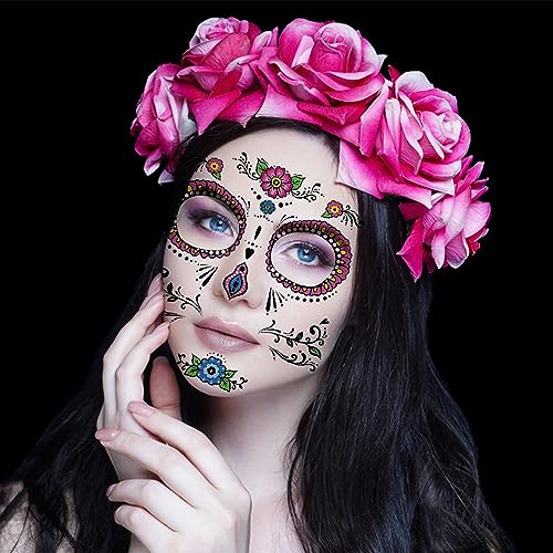 Day of the Dead Face Tattoos - 8 Sheets Sugar Skull Halloween Temporary Tattoo Kit