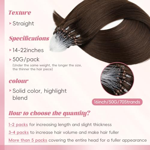 Microlink Hair Extensions Human Hair Chocolate Brown 16inch 50g/pack Micro Loop Microbead Hair Extensions Real Smooth Human Hair Cold Fusion For Women
