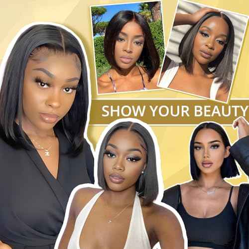 9x6 Bob Wig Human Hair Glueless Wigs Human Hair Pre Plucked Pre Cut HD Lace Front Glueless Wigs Human Hair 200% Density Short Straight Bob Wigs for Black Women 12 inch