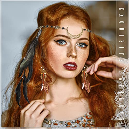 Kigeli 5 Pack Boho Hair Feather Headpiece Clip-in Moon Chain
