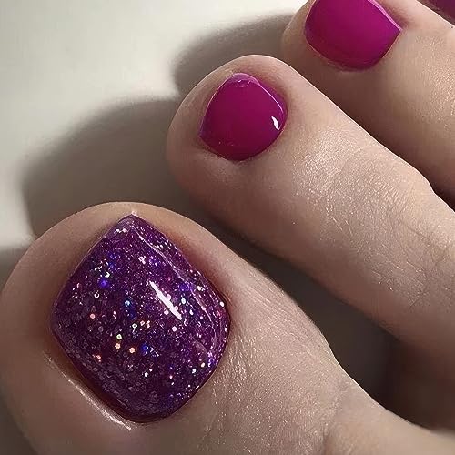 Sparkly Press on Toenails Purple Square Fake Toenails with Glitter French Fake Nails Acrylic Toe Nails for Women Glossy Toe Nail Tips Glue on ToeNails 24pcs