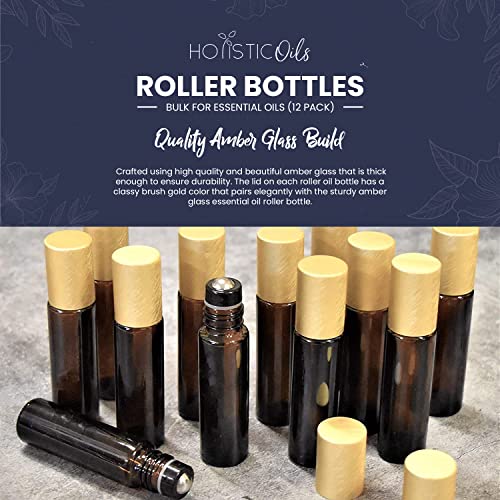 12-Pack 10ml Amber Glass Roller Bottles with Brushed Gold Leakproof Caps ? Premium Empty Roll-On Bottles for Essential Oils, Perfumes, Serums, DIY Aromatherapy & Beauty Products