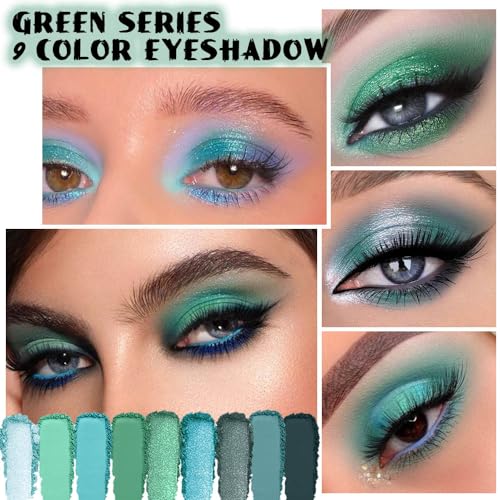 AMY'S DIARY Green Matte Shimmer Deep Eye Shadow Palette, Long-lasting Waterproof Makeup, 9 Blendable Shades for Girls