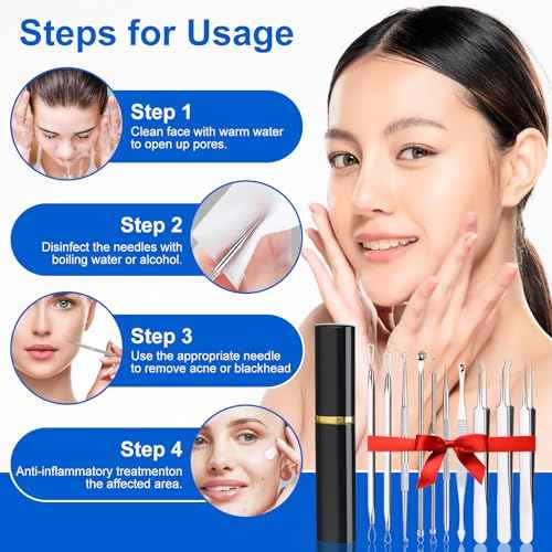 Pimple Popper Tool Kit,10 Pcs Professional Blackhead Remover Comedones Extractor for Easy Removal for Pimples,Blackheads,Zit Removing, Facial and Nose, Acne Removal Kit with Metal Box (Silver)