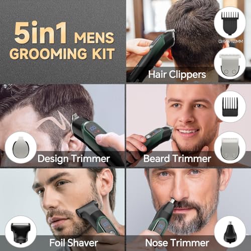 Beard Trimmer for Men: Professional Barber Hair Clippers, 5-in-1 Cordless Grooming Kit, Rechargeable Electric Razor & Shaver for Face, Mustache, Body, Ear, Nose Hair Trimmer with LED Display, Cyan