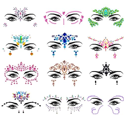 Face Jewels Stick On Rhinestones - 12 Festival Gem Sets