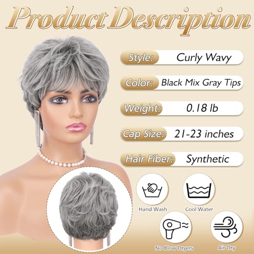 Gray Pixie Wig Short Layered Synthetic Hair Women