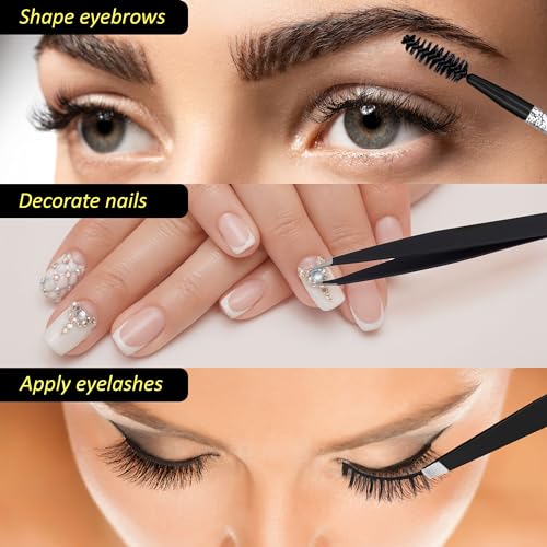 3pc Black Tweezer Set & Glitter Spoolie - Hair Removal Tweezers,Angled and Pointed Tweezer Set, Precision Tweezers & Eyelash Spoolie Set