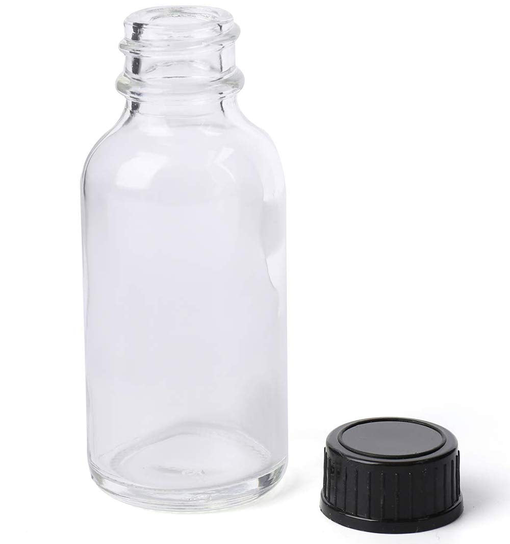 Bekith 30 Pack Boston Round Glass Bottle with Black Cap, 1 oz Capacity, Clear