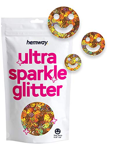 Hemway Ultra Sparkle Glitter - 1/4" 0.25" 6mm - Smiley Face Cosmetic Glitter Shapes for Decoration, Art, Nails, Crafts - Gold Holographic - 50g