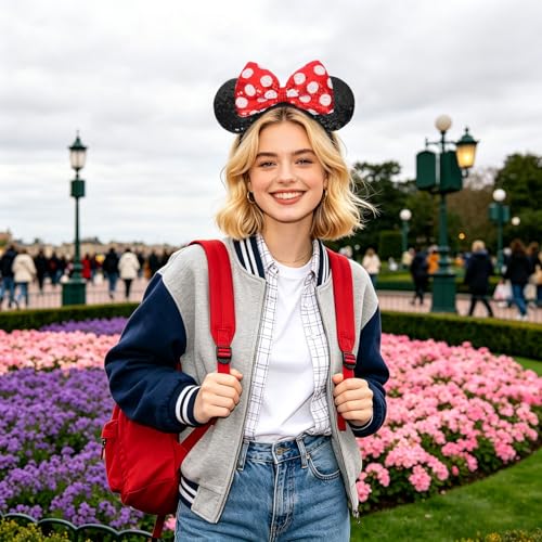UNSPAZ Red White Dot Sequin Mouse Ears Headband for Women Girls Boys - Cosplay & Party Accessories