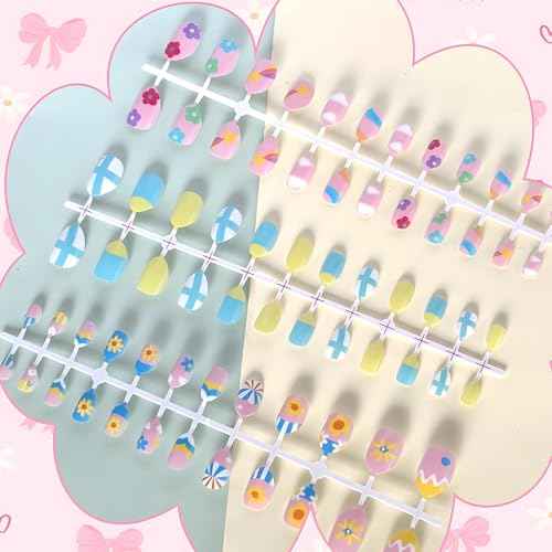 6 Packs Press-On Fake Nails for Kids - Gorvalin 144pcs Full Cover Glue On Nails for Kids French Flower Patterns for Girls Ages 7-12 Nail Art - Includes Nail Adhesive Tabs & Builder Glue