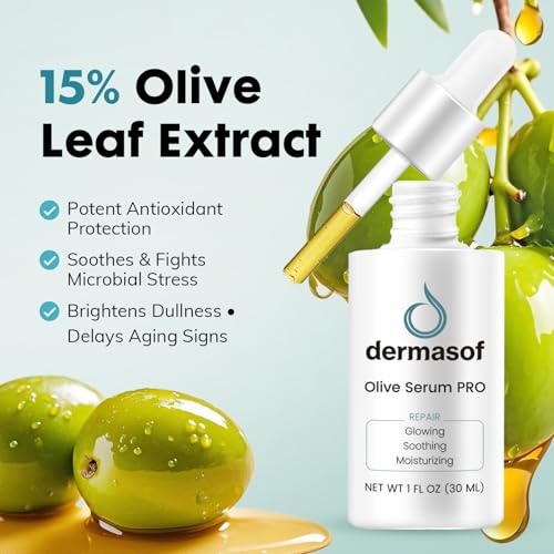 Dermasof Olive Facial Serum with Hyaluronic Acid, Matrixyl 3000 & Peptides, Anti Aging Serum for Face, Hydrating & Calming Formula to Help Relieve Redness & Repair Skin, Made in USA, 1 Fl Oz (30ml)