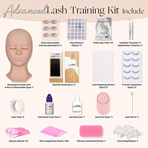 LASHVIEW Lash Kit for Beginners 338pcs Lash Extension Kit Professional Mannequin Head With 7 Pairs Replaced Eyelids Silicone Training Set Include Mini Fan Dryer Makeup Natural Skin Color