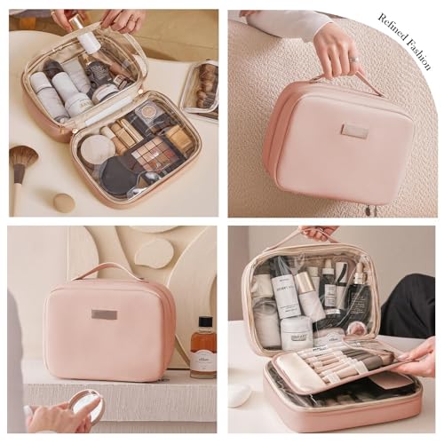 Travel Makeup Bag Large Capacity Transparent Double Sided Cosmetic Bags with Makeup Brush Compartment- PU Waterproof Leather Makeup Toiletry Organizer Bag for Women,Pink