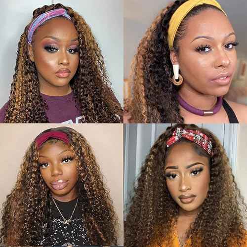 Ombre Highlight Curly Headband Wig Human Hair #4/27 Colored Headband Wig for Black Women Glueless Water Wave Human Hair Brazilian Virgin Hair Wear and Go Wigs 18 Inch