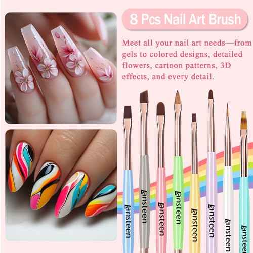 Nail Art Brushes Set, 8pcs Double-Ended Nail Design Brushes with Polish Brushes, Dotting Pen, Nail Liner Brush, Carved Brush, Extension Gel Brush, Painting Drawing Brush and Builder Brush