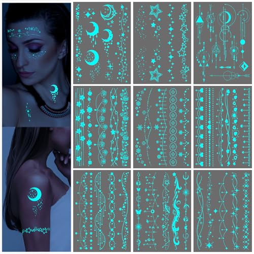 Glow in the Dark Temporary Tattoos for Women, 9-Sheet Moon Star Set