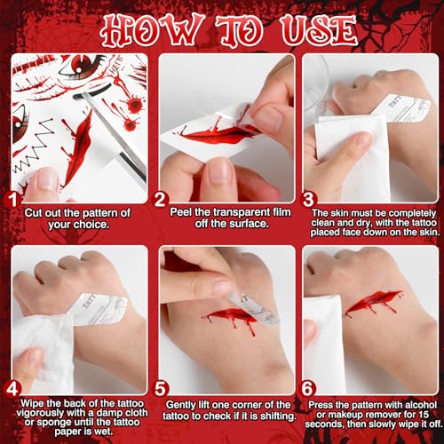 HOWAF Halloween Face Tattoos - 4 Sheets Bloody Scars for Vampire Costume