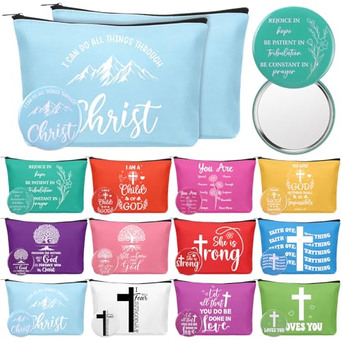 24 Pcs Christian Religious Gifts for Women Mothers Day Christian Gifts Bulk Canvas Makeup Bags Verse Bible Compact Mirrors Inspirational Church Party Favors for Ladies Mother Sister
