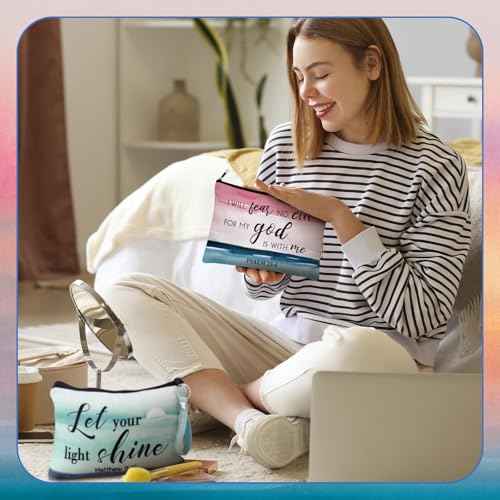 Hillban 32 Pcs Canvas Cosmetic Makeup Bag Women Christmas Inspirational Gifts Travel Toiletry Makeup Bag Pouch with Inspirational Keychains for Christmas Women Teacher Appreciation Gift(Landscape)