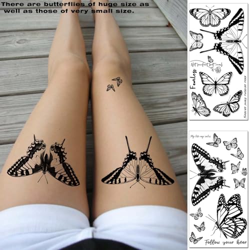 Temporary Tattoo Stickers for Women - 12 Sheets Butterfly Flower Black Waterproof