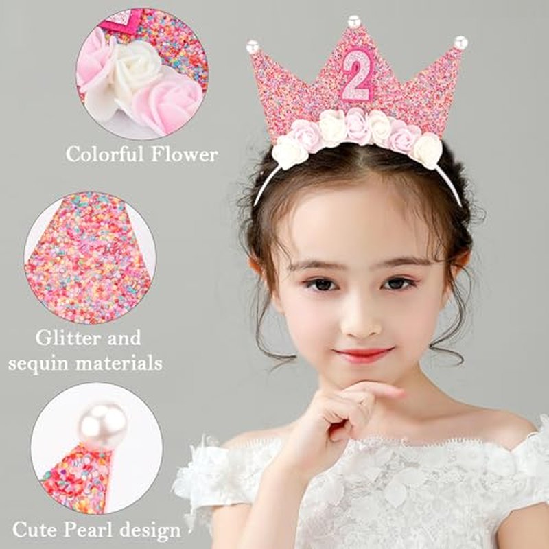 2nd Birthday Crown for Girls - Flower Tiara Headband