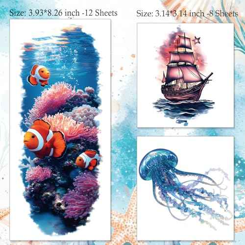 Tazimi Temporary Tattoo for Women Men 12 Sheets Realistic Half Arm Fake Tattoos 8 Sheets Tiny Waterproof Ocean Sea Animal Tattoos Stickers for Adults Kids