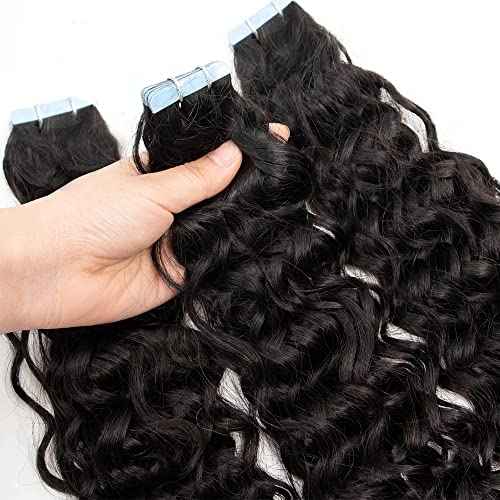 Curly Tape in Hair Extensions Human Hair for Women Water Wave Double Side Skin Weft Tape on 16 Inch Real Virgin Hair Deep Water Wave Invisible Seamless Hair Extensions 50g 20pcs