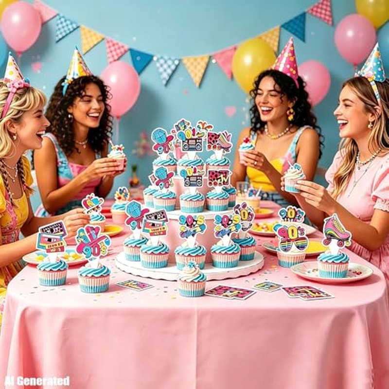24PCS 90s Cake Toppers, Retro Cupcake Picks Geometric Design