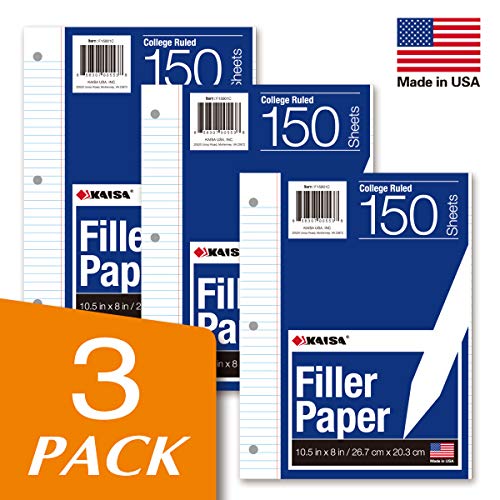 Kaisa Loose Leaf Paper Filler Paper 8x10.5 inches, College Ruled, 3-Hole Punched for 3-Ring Binder, 150 Sheets/Pack (3 Pack) F15001C