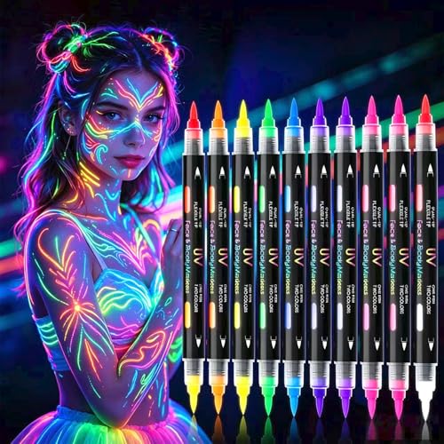 UV Neon Face Paint Pens - 10pc 20 Color Luminous Body Painting Kit