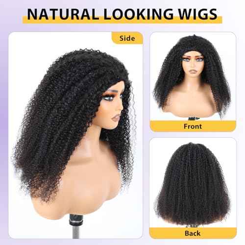 V SHOW Afro Curly 3 In 1 Half Wig Human Hair Elastic Drawstring Wear Go Glueless Kinky Curly Human Hair Half Wigs Friendly To Beginners 180% Density Natural Hairline Flip Over Wig 24Inch