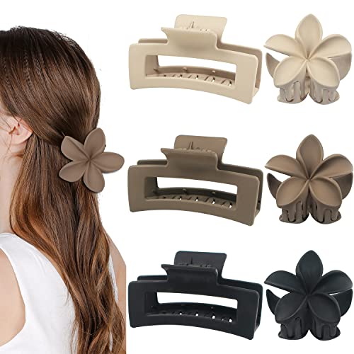 Large Claw Clips for Thick Curly Hair, Matte Flower Hair Clips for Thin Fine Hair, 4.1 Inch Big Square Claw Clips for Women Girls, 2 Styles Non Slip Hair Claw, Cute Neutral Hair Claw Clips (6 pack)