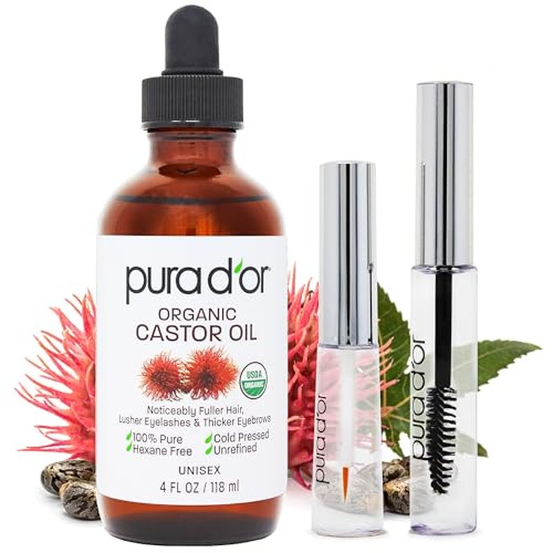 PURA D'OR Organic Castor Oil 4oz - Eyelash & Eyebrow Serum + 2 Brushes