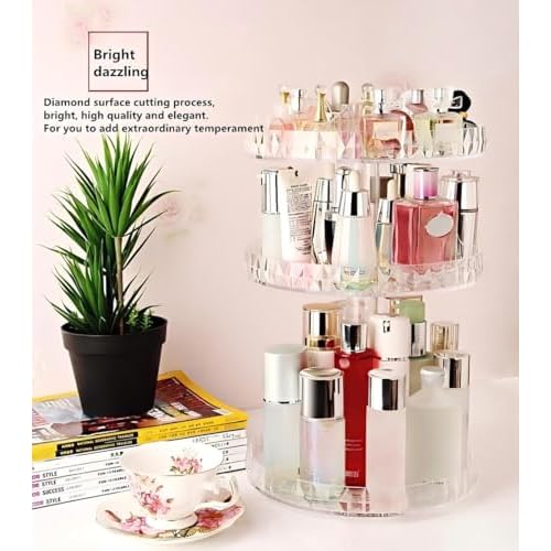 Diamond Pattern Three Layers Perfume Organizer, 360 Rotating Diamond Cosmetic Storage Box Transparent Acrylic Swivel Shelf Desktop Skin Care Product Dresser Finishing Valentines Day Gifts