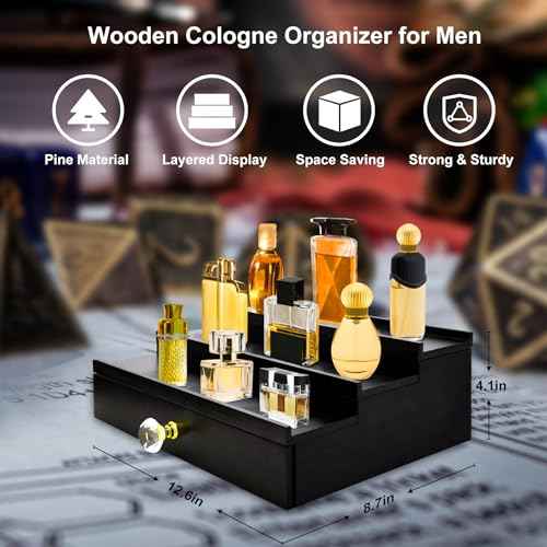 Cologne Organizer for Men, 3 Tier Cologne Stand Organizer for Men, Wood Perfume Organizer with Felt Lining Drawer and Hidden Compartment, Great Gift for Men(Black)