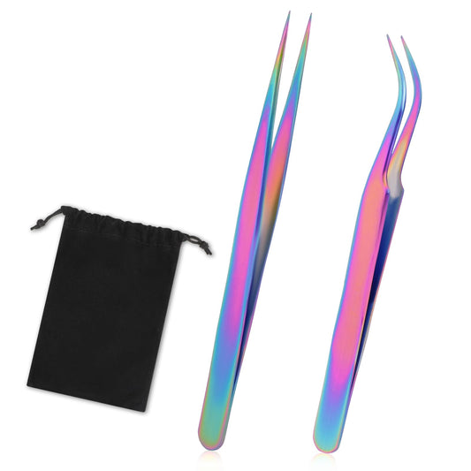 2pcs Precision Nail Art Eyelash Extension Tweezers - Stainless Steel False Lash Application Tools, Curved & Straight Tip