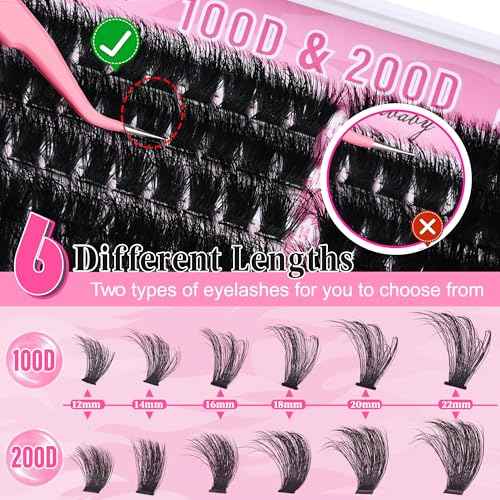 Lash Clusters 100D+200D Mega Thick Lashes Clusters 12-22mm Wispy Individual Thick Volume Lashes Cluster Eyelash Extensions 280Pcs DIY Lash Extension at Home, by Hushlibaby(Plant Fiber)