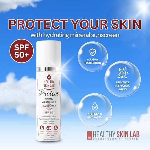 Healthy Skin Lab Protect Tinted Moisturizer & Mineral Sunscreen SPF 50, Sheer Universal Tint, Lightweight Coverage, Broad Spectrum UV Protection + Hyaluronic Acid, Dermatologist Tested, 1.8 oz