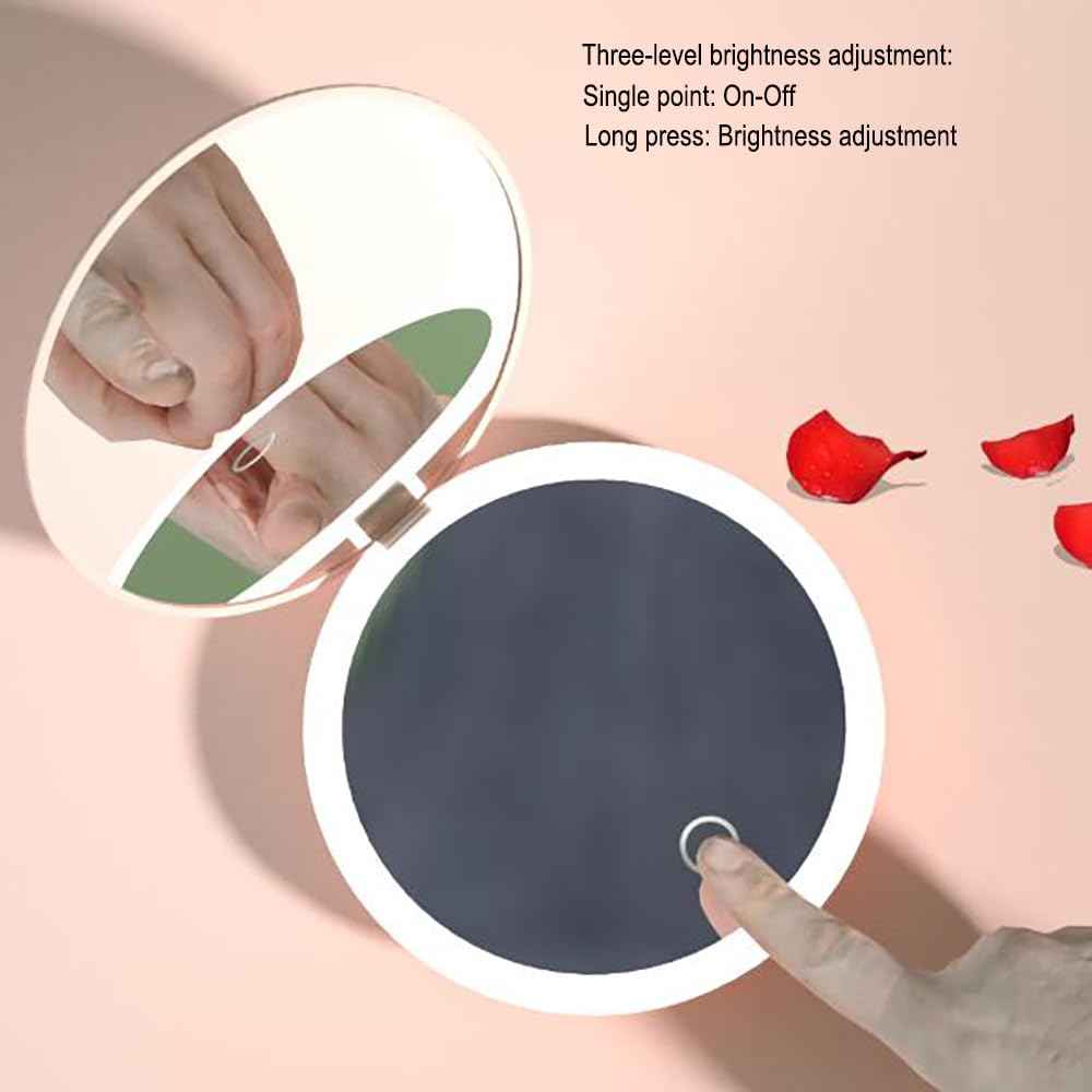 Yousonew LED Mini Makeup Mirror, 1X/2X Magnification, Mini Compact with Light, Pink/White (White, 3.5)
