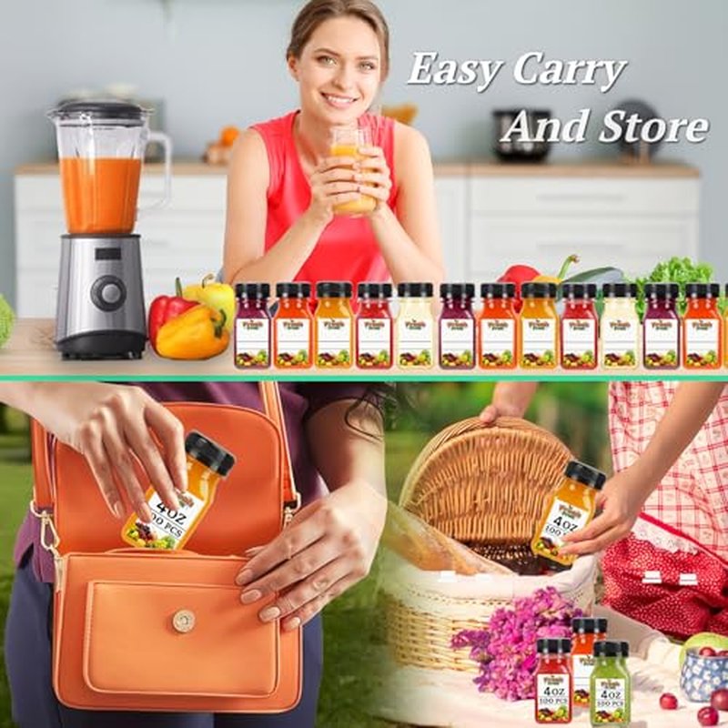 100 Pack 4oz Clear Plastic Juice Bottles with Caps & Labels
