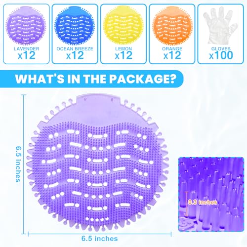 48-Pack Urinal Deodorizer Screens with 100 Gloves | 4 Scents