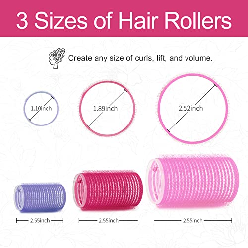 31PCS Heatless Hair Rollers Set, Self Grip Curlers for Long, Medium & Short Hair, 3 Sizes of Large Velcro Rollers in Purple, Rose Red & Pink