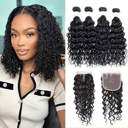 Foruiya Water Wave 4Bundles(50g/bundle) with 4X4 Lace Closure Curly Wave Human Hair Bundles with Lace Closure Brazilian Wet and Wavy Bundles with Closure (12/12/12/12+12" Closure)