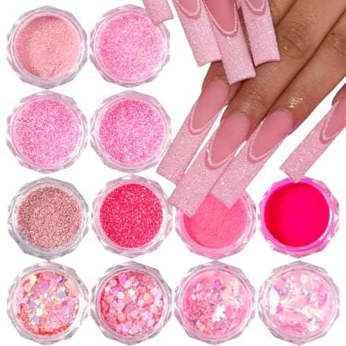 Pink Nail Glitter Powder, 12pcs Nail Art Sequins Dust Set, Holographic Paillette Sparkle Flakes for Acrylic Tips Manicure Decorations