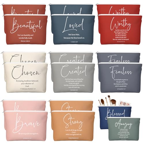 20 Pcs Inspirational Christian Easter Gifts for Womens History Month Religious Makeup Bags Canvas Bible Verse Cosmetic Bag with Zipper Church for Sister Mothers Day(Bright,Bible Words)