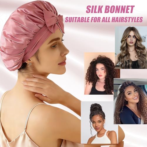 Silk Satin Bonnet for Women with Elastic Tie - Large Sleep Cap for Curly Hair - Bean Paste Variation